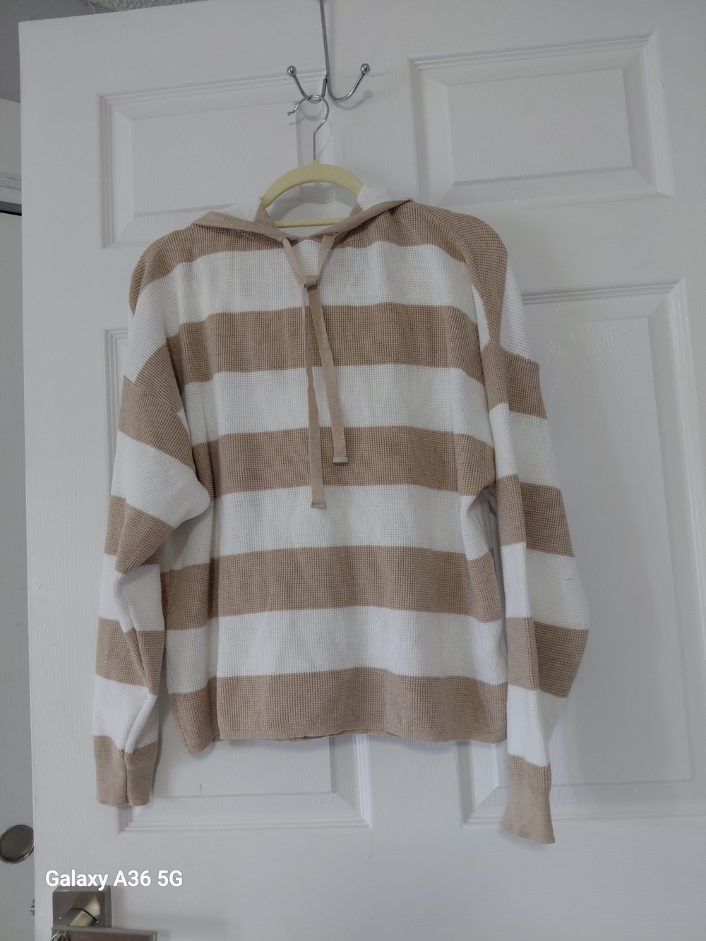 Cyrus Striped Hooded Knit Sweater in Beige and White